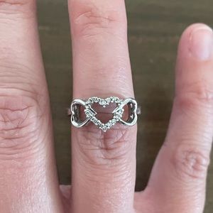 14k White Gold 3 Heart Ring with Diamonds